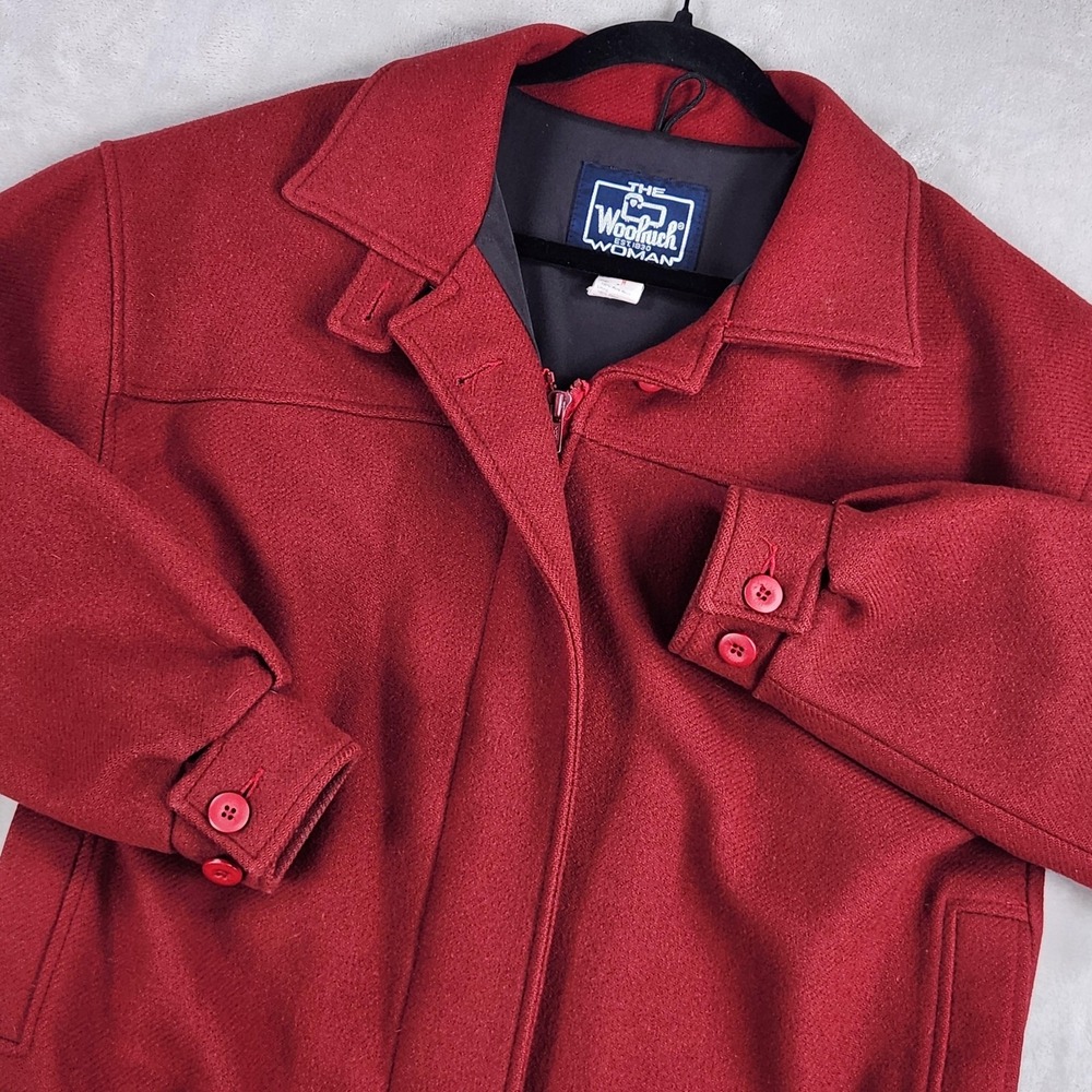 Vintage Woolrich Jacket Womens Medium Red Wool Elastic Hem Zip Pockets USA
